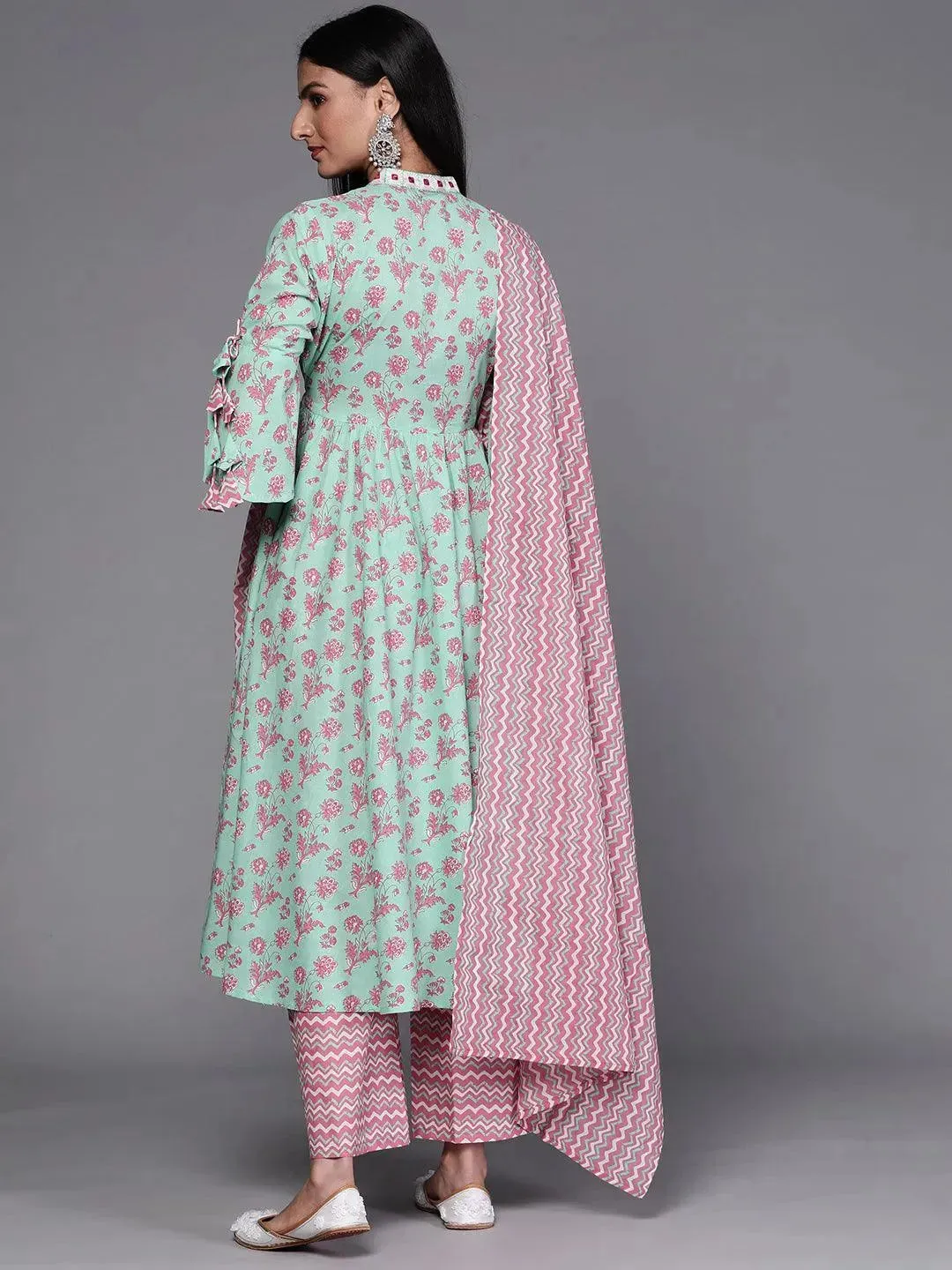 Sea Green Printed Cotton A-Line Kurta With Palazzos & Dupatta