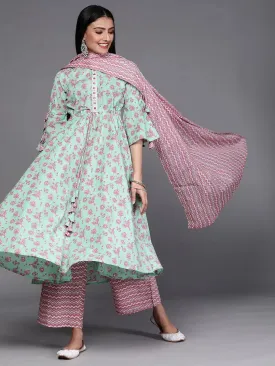 Sea Green Printed Cotton A-Line Kurta With Palazzos & Dupatta