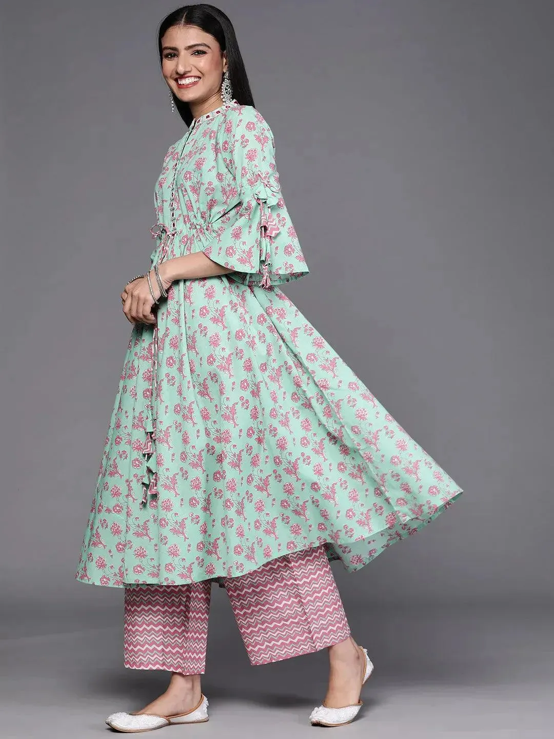 Sea Green Printed Cotton A-Line Kurta With Palazzos & Dupatta
