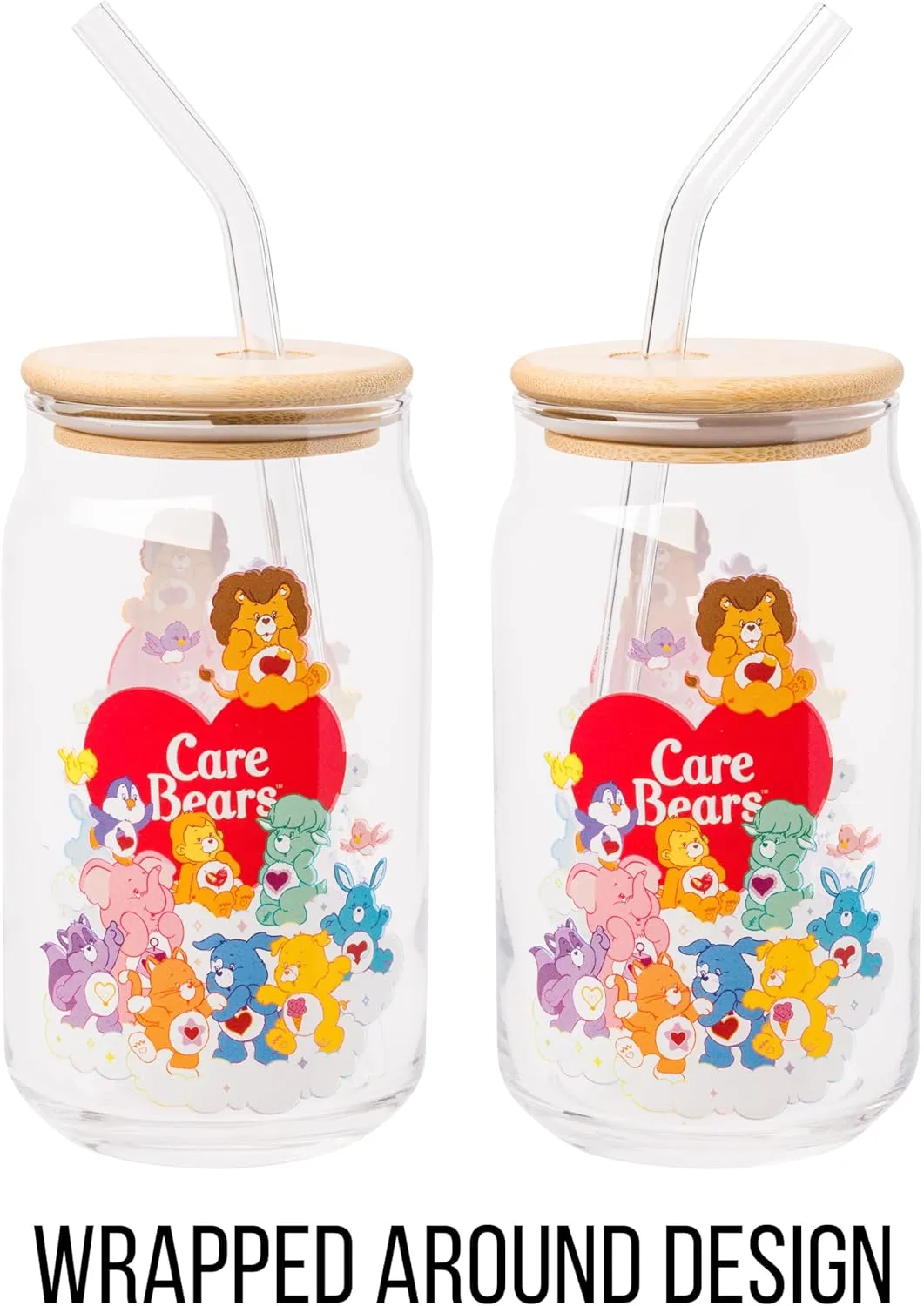 Silver Buffalo Care Bears Heart Cousins Brave Lion Playful Monkey Gentle Lamb Cozy Penguin Lotsa Elephant Bright Raccoon Proud Cat Loyal Dog Treat Pig Swift Rabbit Glass Jar Tumbler w Bamboo Lid, 16oz