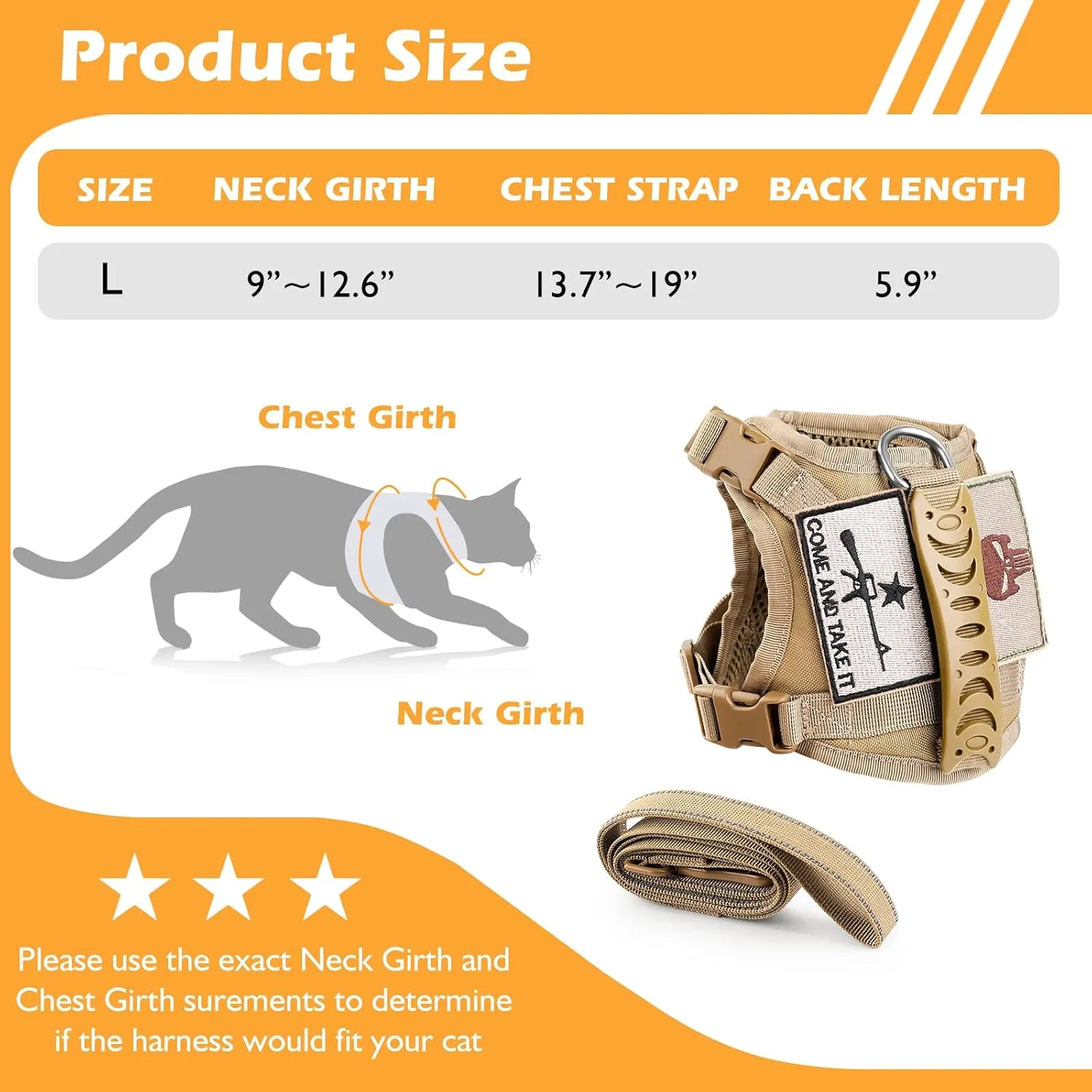 Tactical Cat Harness and Leash Set for Walking Escape Proof, Adjustable Large Cat Vest Harness with Molle Patches, Soft Mesh Padding, Rubber Handle Easy to Control Khaki
