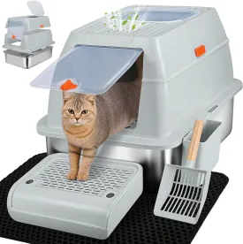Vivifying Stainless Steel Litter Box with Lid, XL Front Entry Enclosed Extra Large Litter Box for Big Cats & Kitty, Top Exit Metal Cat Pan with Scoop, Mat, Trapping Step, Charcoal Filter (Gray)