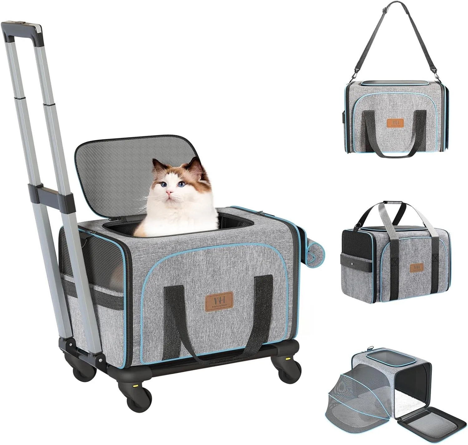 Western Home Cat Carrier with Wheels,Expandable Rolling Pet Carrier Airline Approved,Travel Dog Crate with Removable Base & Telescopic Handle Suitable for Traveling/Hiking/Camping