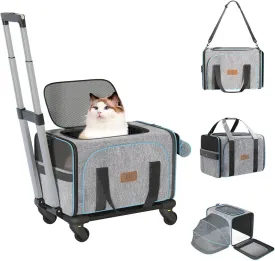 Western Home Cat Carrier with Wheels,Expandable Rolling Pet Carrier Airline Approved,Travel Dog Crate with Removable Base & Telescopic Handle Suitable for Traveling/Hiking/Camping