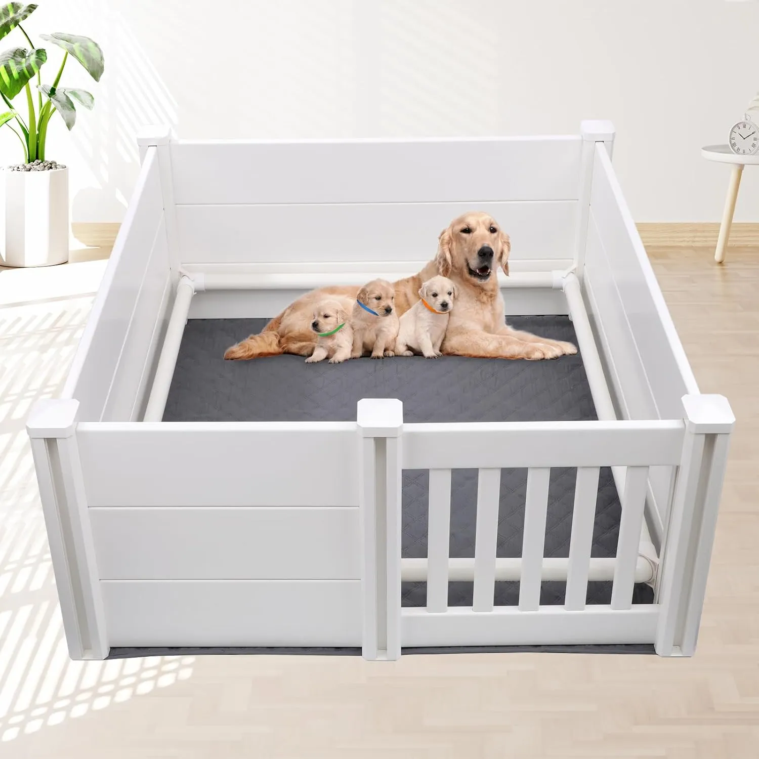 Whelping Box for Dogs and Puppies with Pig Rails and Waterproof Whelping Pad, 606024in Puppies Playpen with Adjustable Height Door ID Collars for Medium Small Dogs