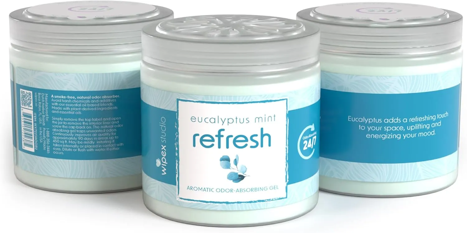 Wipex Odor Eliminator for Home - Refresh Eucalyptus & Mint Odor Absorber, 15 Oz Gel Jar, Long-Lasting Freshness, Ideal for Rooms, Offices, Yoga Studios, Effective Odor Eliminator, 3pk