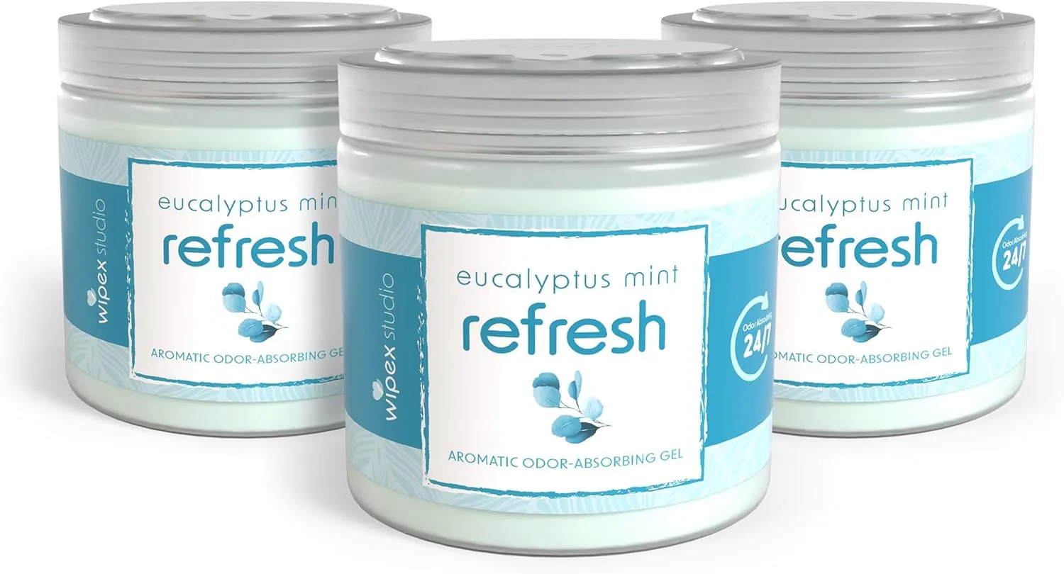 Wipex Odor Eliminator for Home - Refresh Eucalyptus & Mint Odor Absorber, 15 Oz Gel Jar, Long-Lasting Freshness, Ideal for Rooms, Offices, Yoga Studios, Effective Odor Eliminator, 3pk