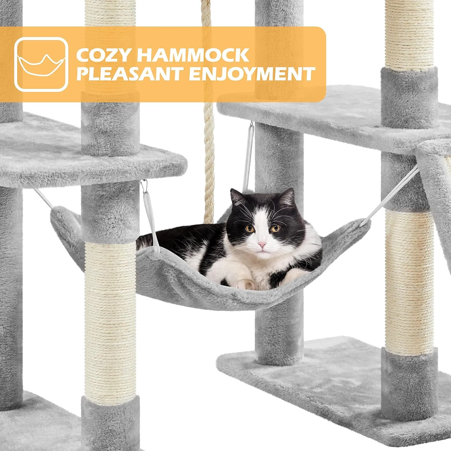 Yaheetech Cat Tree, 82.5in Large Tower w/Hammock, 2 Kitty-Ear Perches, 2 Cozy Condos, Scratching Posts, Basket, Furniture for Large Cats, Kittens, Light Gray