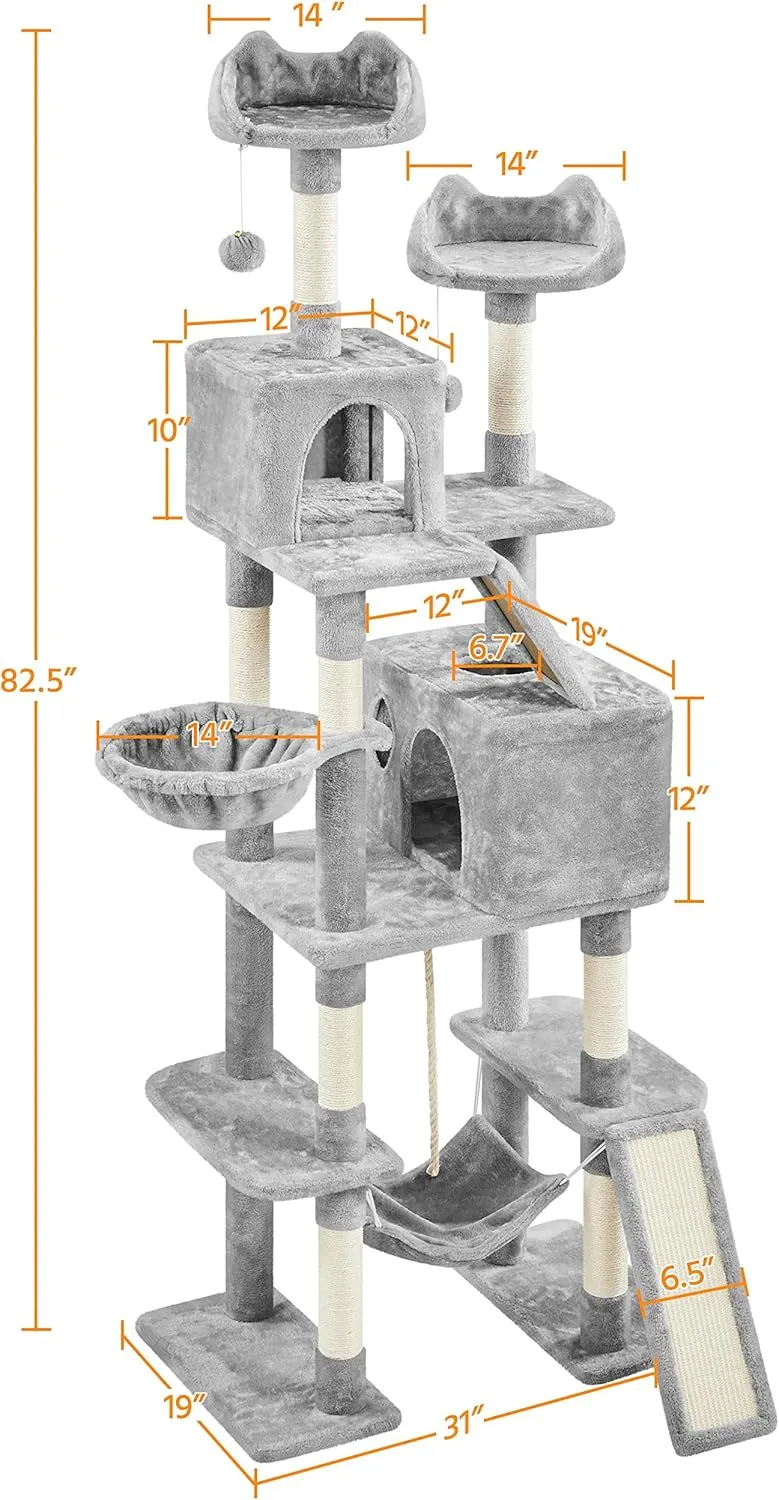 Yaheetech Cat Tree, 82.5in Large Tower w/Hammock, 2 Kitty-Ear Perches, 2 Cozy Condos, Scratching Posts, Basket, Furniture for Large Cats, Kittens, Light Gray