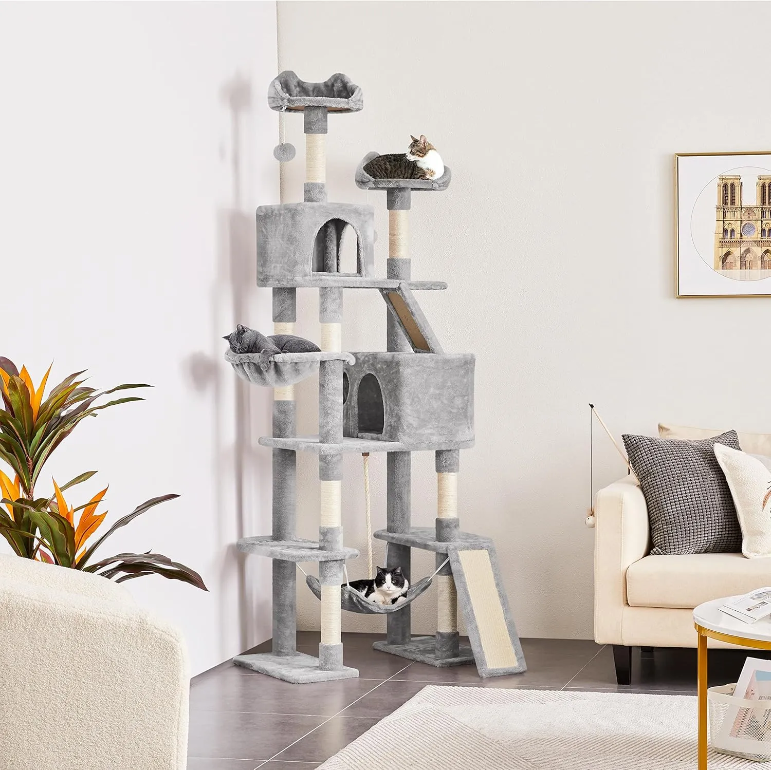 Yaheetech Cat Tree, 82.5in Large Tower w/Hammock, 2 Kitty-Ear Perches, 2 Cozy Condos, Scratching Posts, Basket, Furniture for Large Cats, Kittens, Light Gray