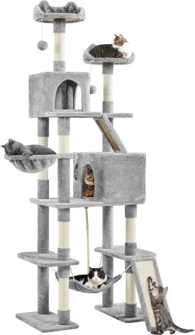 Yaheetech Cat Tree, 82.5in Large Tower w/Hammock, 2 Kitty-Ear Perches, 2 Cozy Condos, Scratching Posts, Basket, Furniture for Large Cats, Kittens, Light Gray