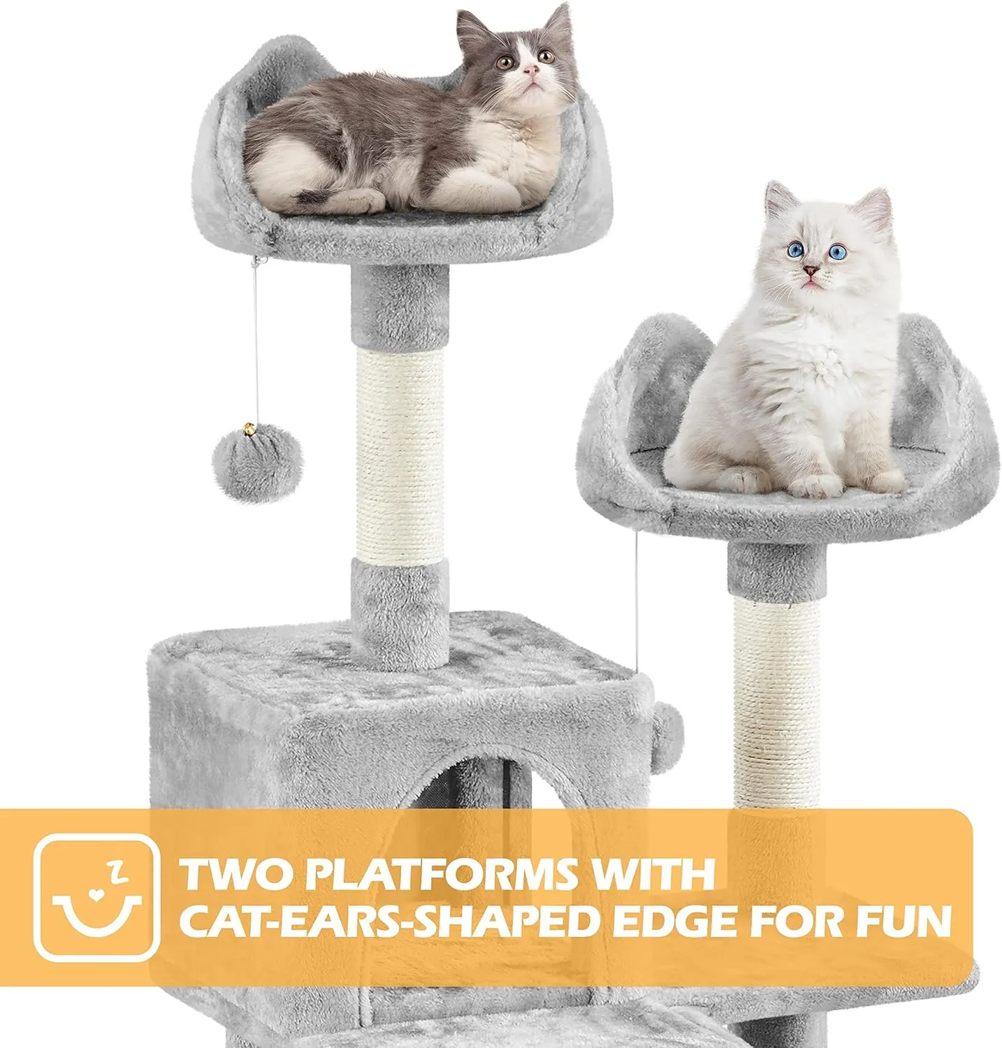 Yaheetech Cat Tree, 82.5in Large Tower w/Hammock, 2 Kitty-Ear Perches, 2 Cozy Condos, Scratching Posts, Basket, Furniture for Large Cats, Kittens, Light Gray