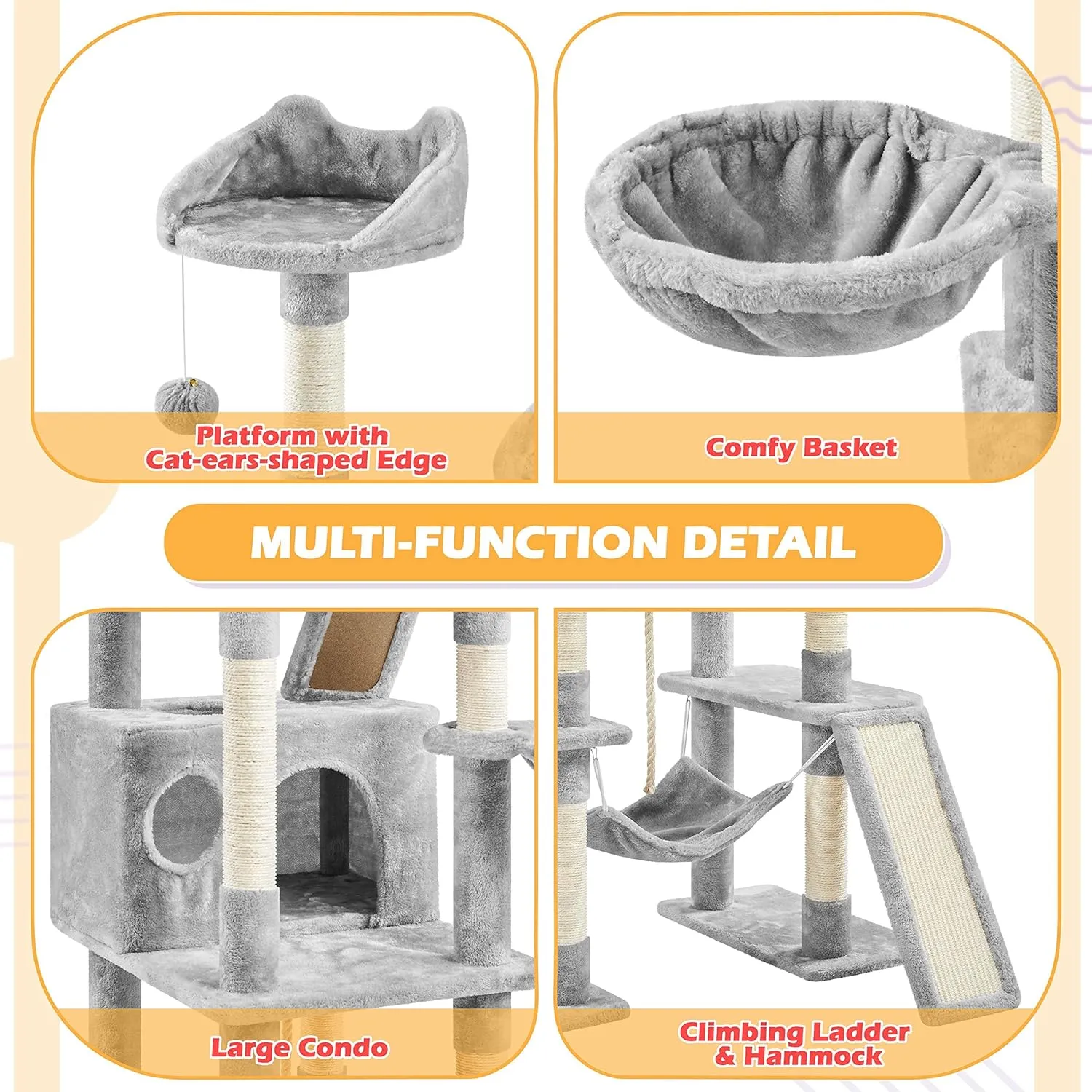 Yaheetech Cat Tree, 82.5in Large Tower w/Hammock, 2 Kitty-Ear Perches, 2 Cozy Condos, Scratching Posts, Basket, Furniture for Large Cats, Kittens, Light Gray